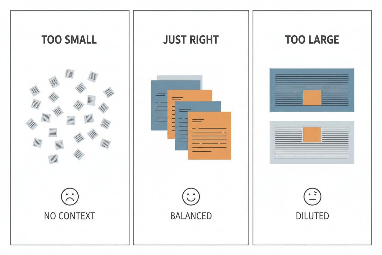 Three panels comparing chunk sizes. “Too Small” shows scattered tiny fragments with no context. “Just Right” shows balanced medium-sized pieces. “Too Large” shows oversized blocks where the relevant portion is a tiny highlighted area.
