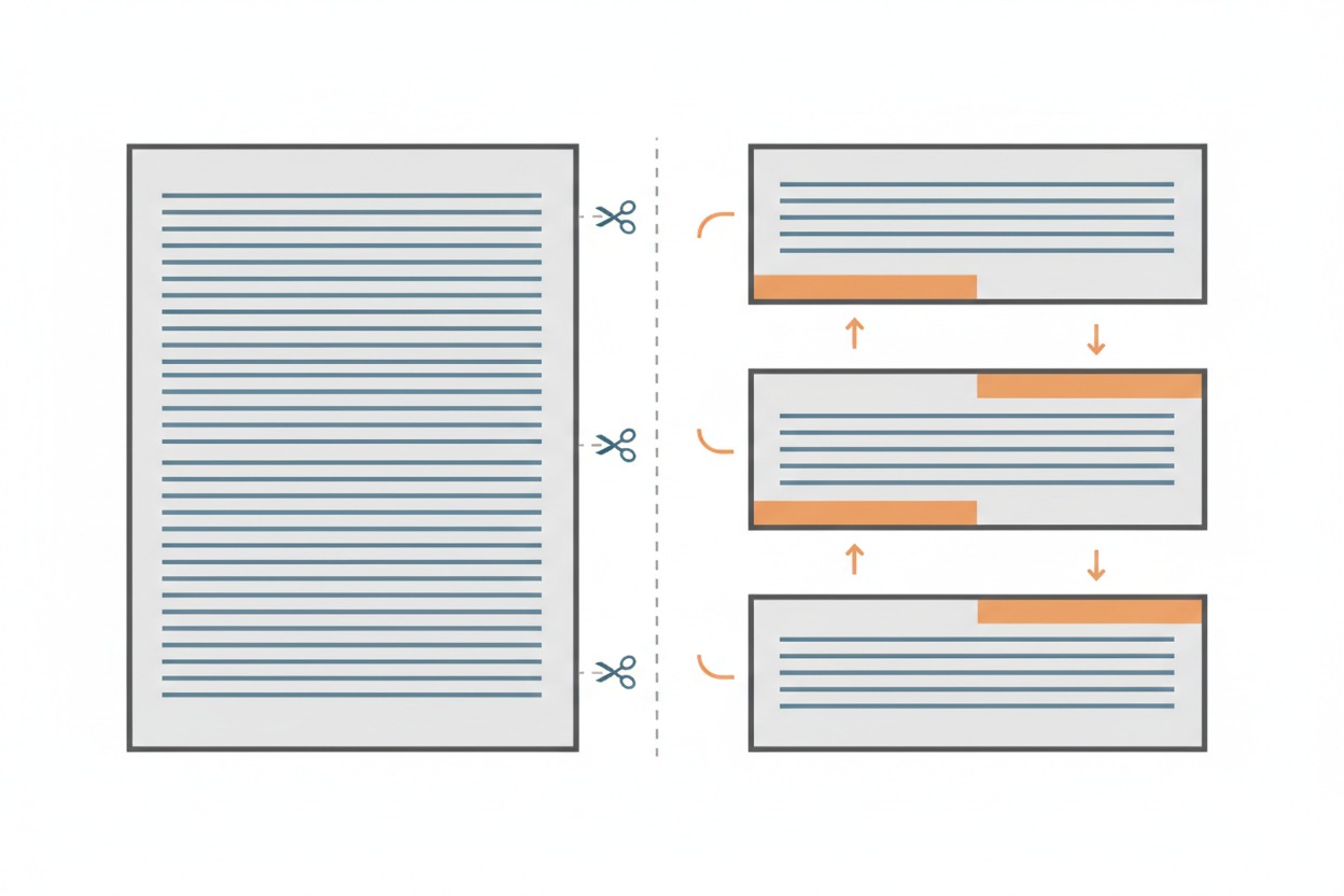 A full document on the left is split into three separate chunks on the right, with orange bands showing the overlap regions shared between consecutive chunks.