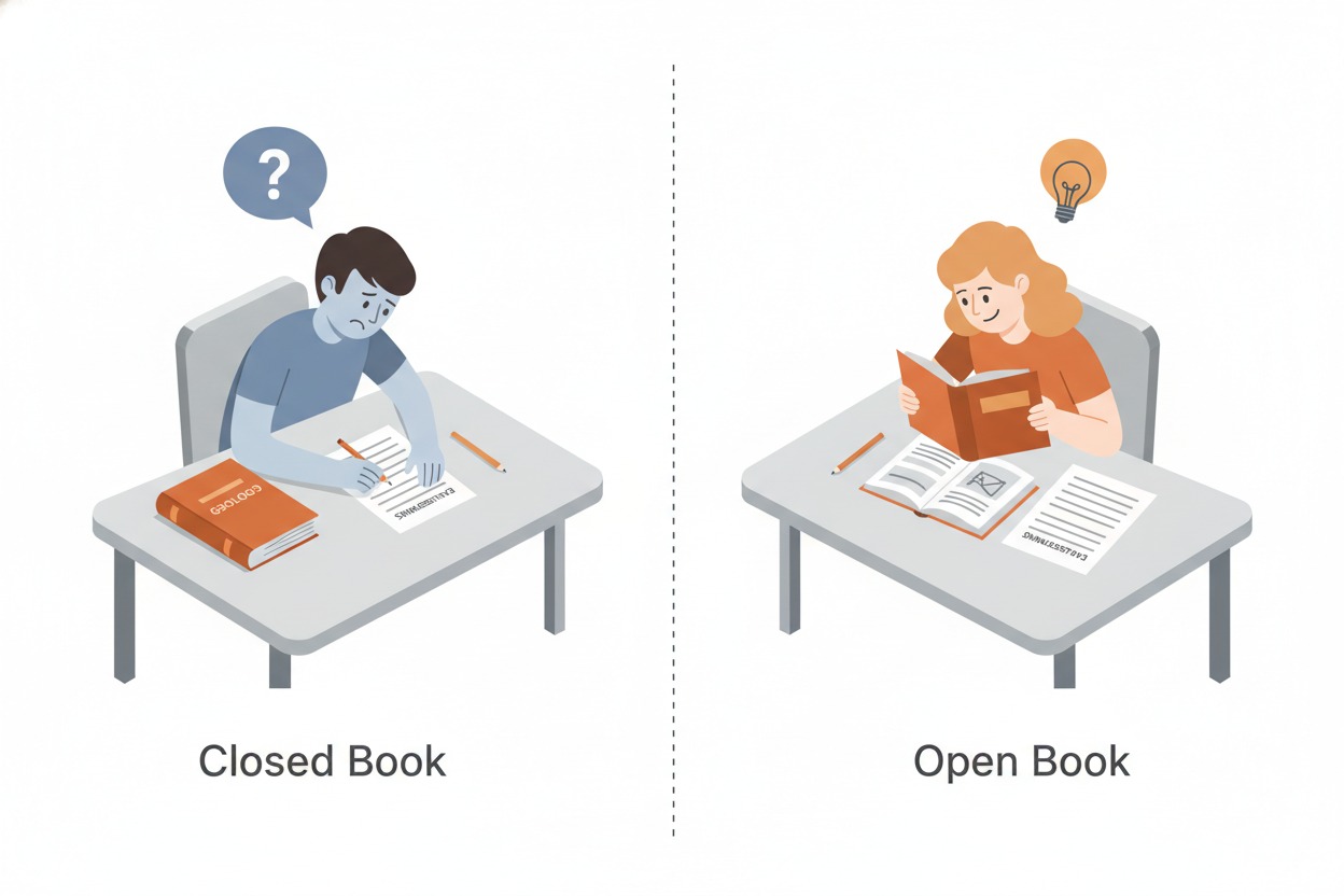 A closed-book student struggles with a question mark overhead, while an open-book student writes confidently with a reference book on their desk and a lightbulb above.