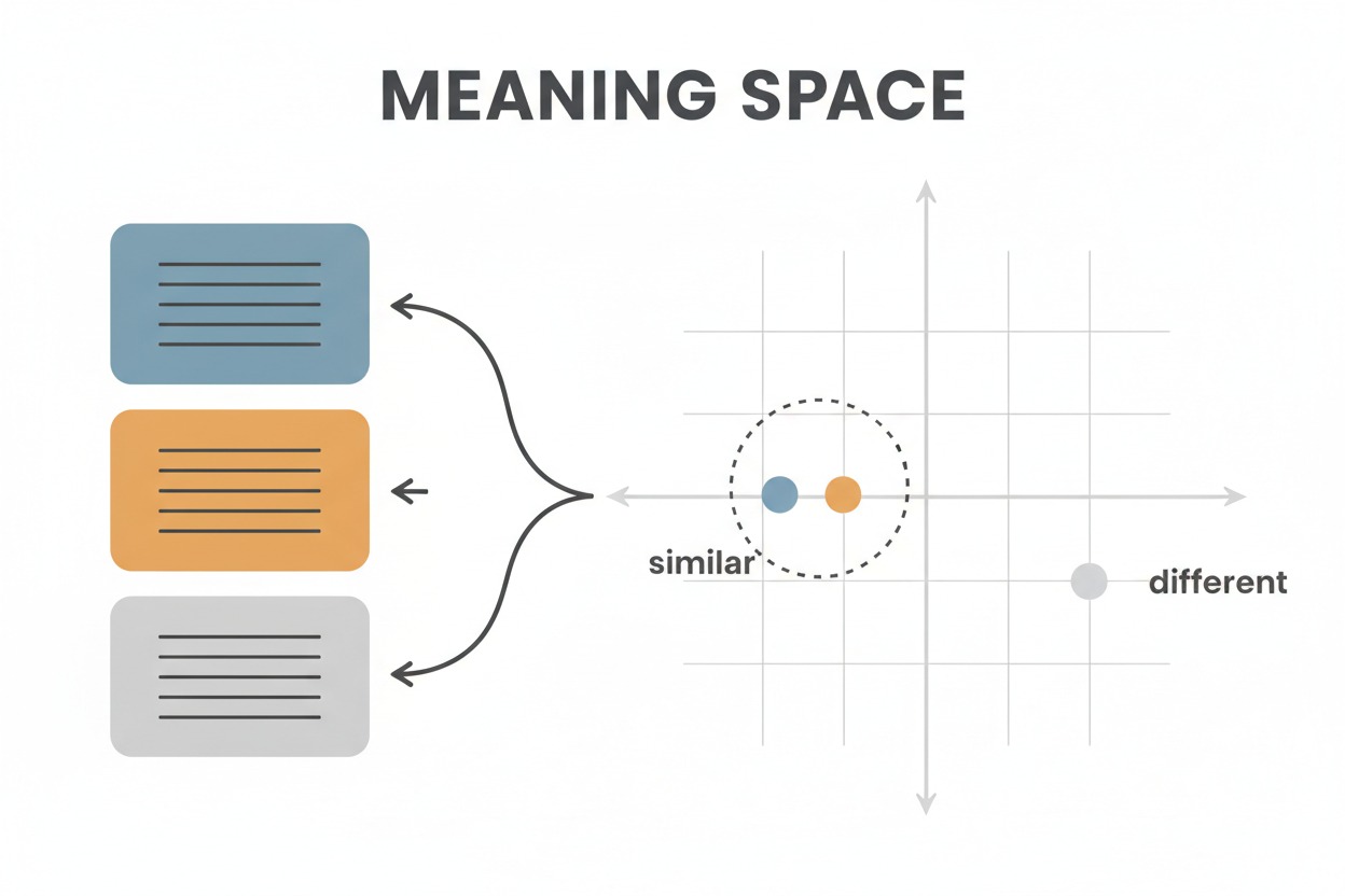 Three text cards in blue, orange, and gray are mapped into a coordinate grid labeled “Meaning Space.” The blue and orange dots cluster together labeled “similar,” while the gray dot sits apart labeled “different.”