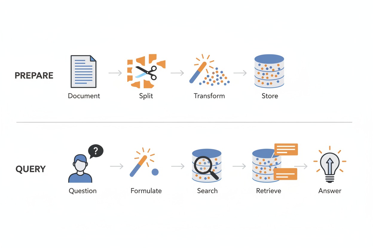 The full RAG pipeline in two rows. Top row labeled “Prepare” shows document, split, transform, store. Bottom row labeled “Query” shows question, formulate, search, retrieve, answer.