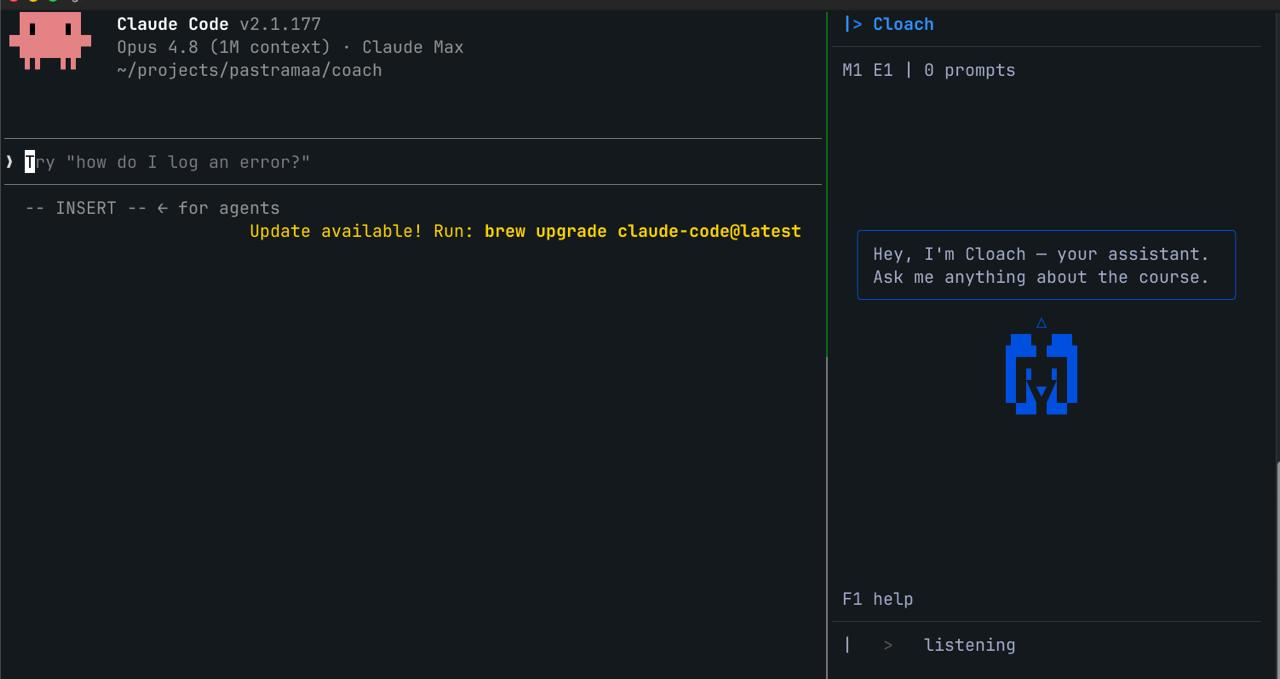 Cloach, the interactive CLI coach, running in the terminal beside Claude Code